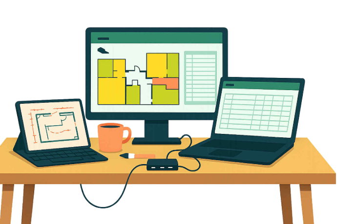 Illustration BEREX d’un bureau avec ordinateur et plans – observation sur le terrain et analyse technique pour évaluer un bien immobilier.