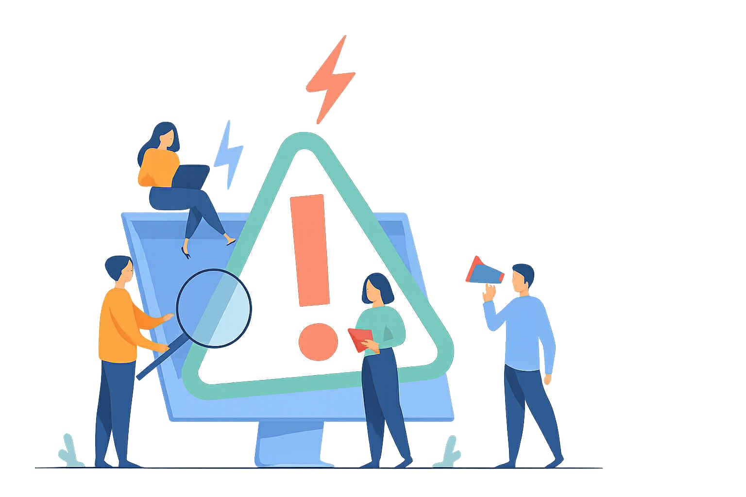 Illustration BEREX d’une équipe d’experts immobiliers analysant un panneau d’alerte – importance de la réception provisoire pour détecter les défauts avant validation des travaux.