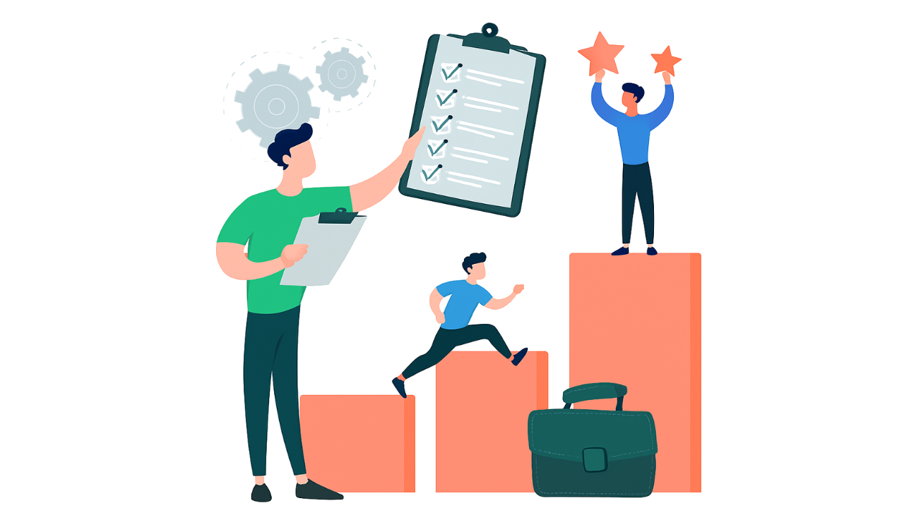 Illustration BEREX d’un expert montant sur un podium et analysant un rapport – expertise indépendante et neutre pour l’évaluation immobilière en Belgique.