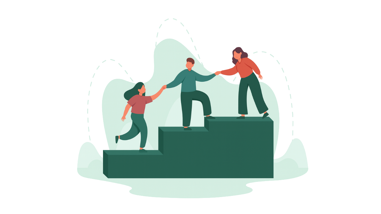 Illustration BEREX de deux personnes s’entraidant pour gravir un obstacle – accompagnement sur mesure et conseils personnalisés pour les décisions immobilières.