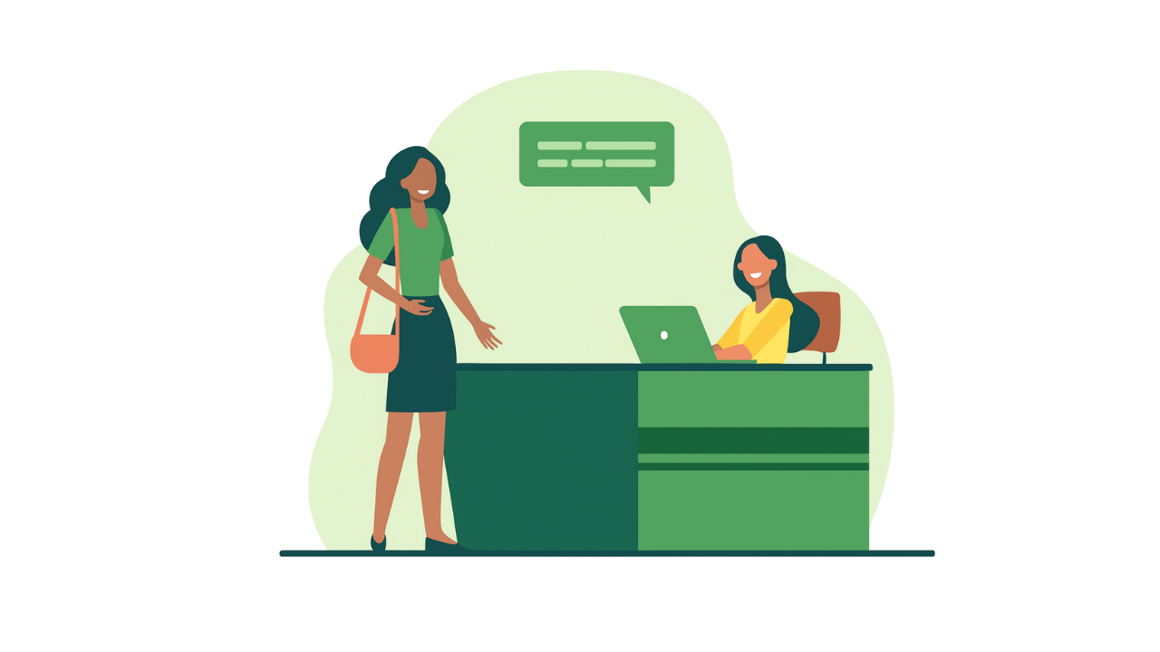 Illustration BEREX d’une experte expliquant un document à une cliente – réception provisoire d’un chantier immobilier, validation officielle des travaux réalisés.